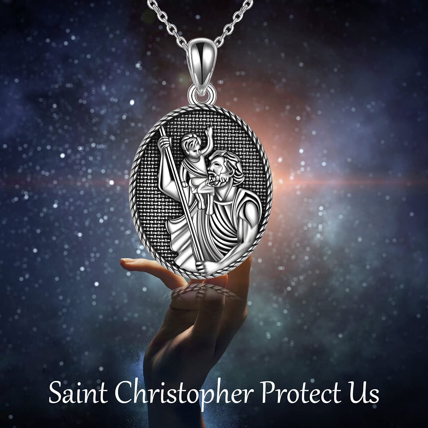 Oxidised St. Christopher Protect Us Round Necklace | Engravers Guild